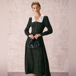NWT RIHOAS The Black Lace Collar Polka Dot Maxi Dress Sz XS